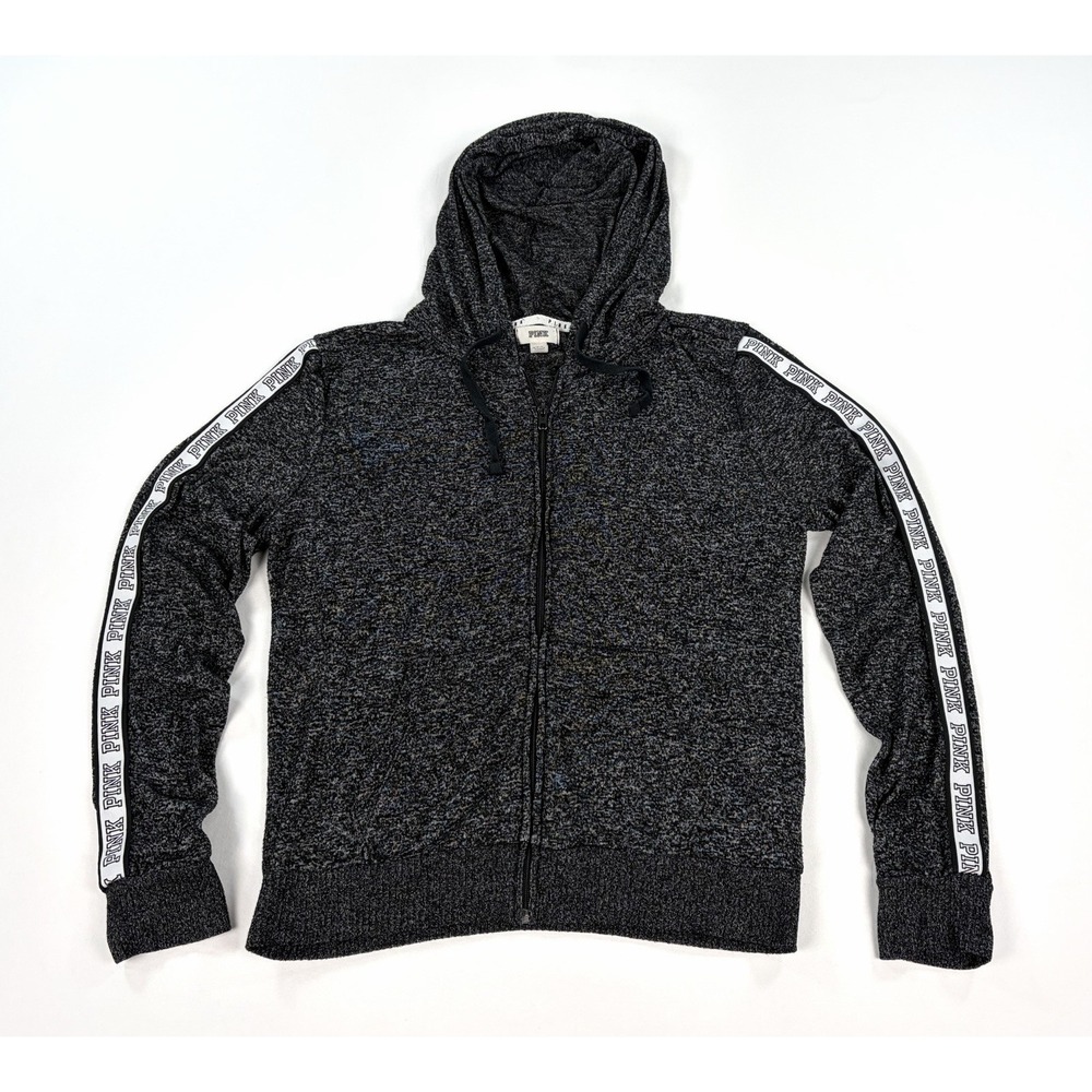 PINK Victoria's Secret Black Gray Marled Zip Hoodie Logo Arm Stripe Women's S
